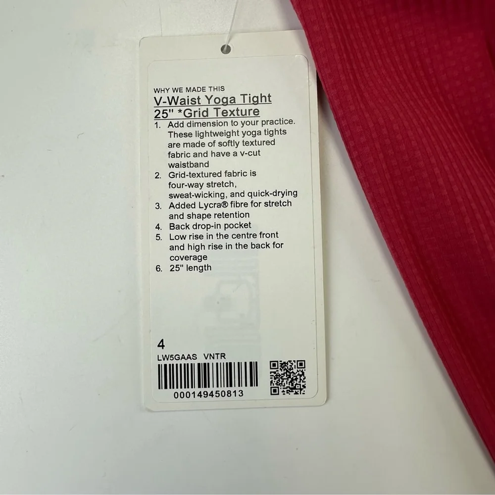 Lululemon NWT V Waist Yoga Tight 25 inch Grid Texture Vintage Rose Size 4